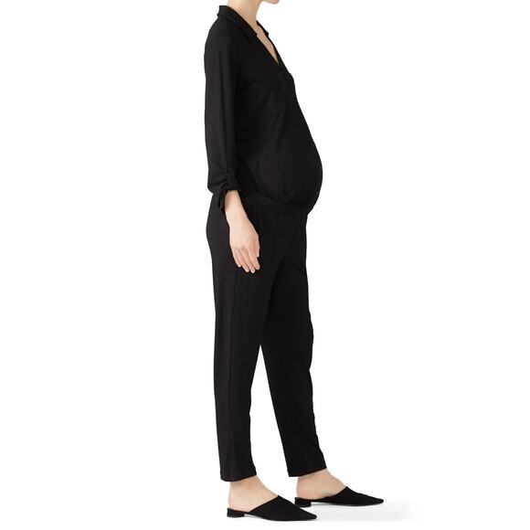 Isabella Oliver Ashlyn Black Button Front Long Sleeve Maternity Jumpsuit - Picture 3 of 7